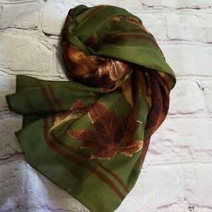 Green Scarf with Brown Fall Leaves